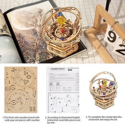 Rotating Starry Night Mechanical Music Box 3D Wooden Model