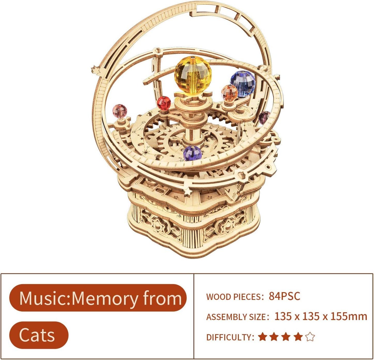 Rotating Starry Night Mechanical Music Box 3D Wooden Model